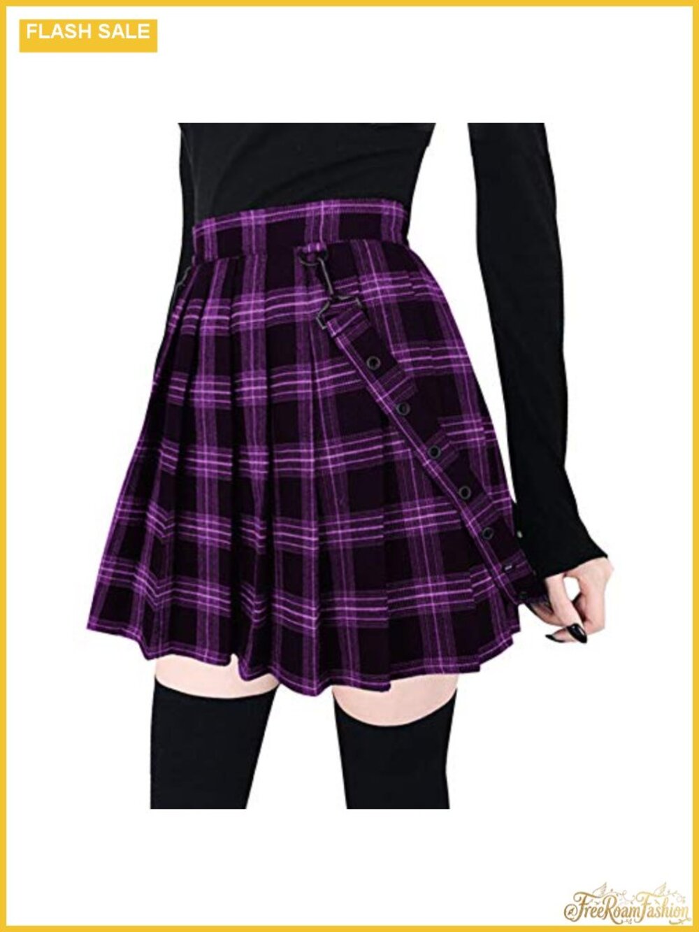 Women's A-Line Plaid Pleated Mini Skirt with Decorative Straps